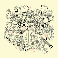 Doodles hand-drawn-sketchy symbols and objects of sport and healthy life set