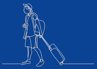 continuous line drawing of young traveler rolling bag on wheels