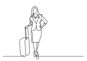 continuous line drawing of business traveler standing with bag on wheels