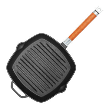 Empty square grill pan isolated on white background closeup, top view