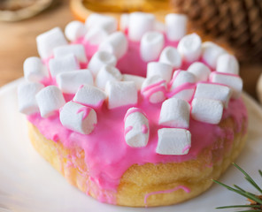Sweet donut with mini marshmallows with spruce branch and dried oranges and lemons on wooden rustic table