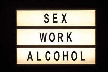 Sex, work, alcohol, text on lightbox 2