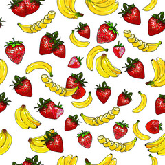 Vector pattern set of banana and strawberry. Slices of banana. Isolated on white background.