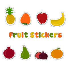 Fruit stickers. Pineapple, apple, banana, pear, pomegranate, orange, figs, persimmon. Cute. Hand drawn. Cartoon style. Isolated vector objects.