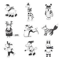 Set of cute animals in the winter . Nursery art. Minimalist scandinavian style.