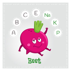 Beet vegetable vitamins and minerals. Funny vegetable character. Healthy food illustration