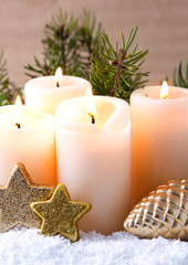 Four burning advent candles. Christmas card.