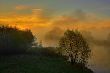 A misty landscape in the morning in the spring on the river. The sun rises and the golden clouds. Clear skies and fine weather.