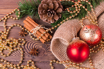 Christmas and New Year holiday background. Christmas decor on a wooden table.