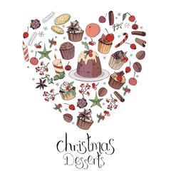 Heart made of different christmas winter desserts, sweets and food. Design template for restaurant and cafe menu.