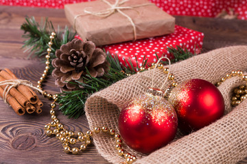 Christmas and New Year holiday background. Christmas decor on a wooden table.