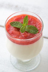 panna cotta with strawberry sauce and mint