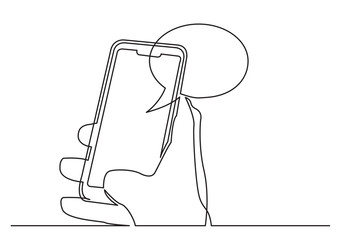 continuous line drawing of hand using social media app on mobile phone