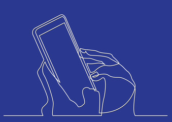 continuous line drawing of isolated vector object - hands with mobile phone