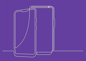 continuous line drawing of isolated vector objects - two modern mobile phones