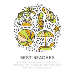 Tropical summer beach icon concept. Ball, umbrella, palm, starfish in round form with decoration. Beach summer icon illustration. Good for traveling banner, site and vacation advertising