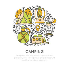Camping vector hand draw concept, tent, lamp, caravaning rv icons in circle form with decorative elements. Sketched doodle travel and outroor camping adventure in woods and mountains