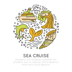 Sea cruise hand draw cartoon icon concept. Waves, liner or ship, whale, dolphin icon wit decorative elements in circle. Seashell and sealife travel isons