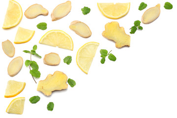 healthy background. sliced ginger and lemon isolated on white background top view