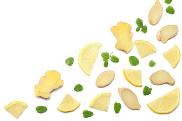 healthy background. sliced ginger and lemon isolated on white background top view