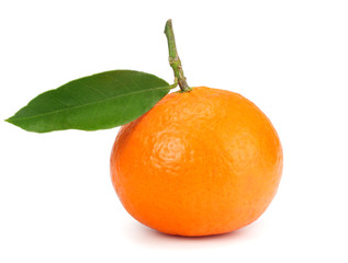 mandarin with green leaf isolated on white background