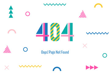 Page with a 404 error in the popular memphis style. Template reports that the page is not found. Digit and geometric elements isolated on white background