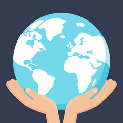 Hands holding the earth. Planet care concept. Earth icon isolated on the dark blue background. Illustration