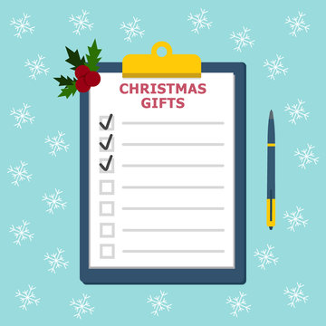 Clipboard with gifts checklist. Christmas gifts list concept. Christmas shopping concept. List with check marks and checkboxes. Illustration