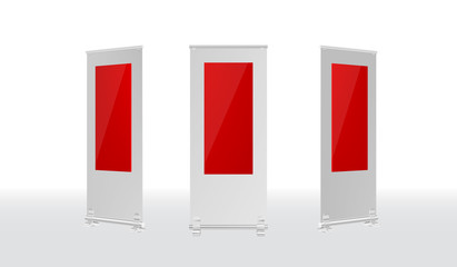 Advertising POS POI Retail Trade Stand stand banner on the white background. Mock Up Template. Front view and perspective view Vector illustration.