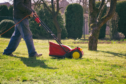 Man with verticutter in the garden, gardener verticutting the lawn at spring, electric lawn raker 