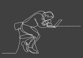continuous line drawing of depressed businessman sitting bihind laptop computer