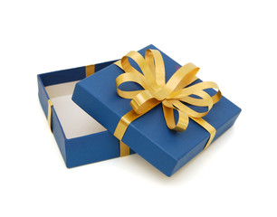 Blue gift box with a gold bow on white background