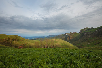 Fototapeta premium The formation and movement of clouds over the summer slopes of Adygea Bolshoy Thach and the Caucasus Mountains
