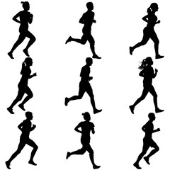 Fototapeta na wymiar Set of silhouettes. Runners on sprint, men and woman