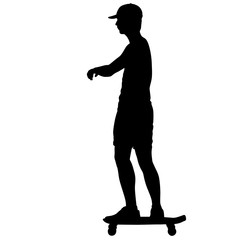 Silhouettes skateboarder performs jumping on a white background