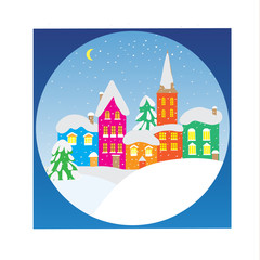 Winter landscape with small houses in a circle. A flat vector icon for the designer's work. Icon with winter contour houses. - 185523763