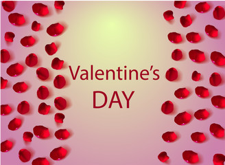 Beautiful premium illustration of congratulations on Valentine's day. Top view of realistic rose petals. Vector illustration.