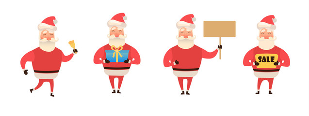 Fototapeta premium Set of cartoon Christmas illustrations isolated on white. Funny happy Santa Claus character with gift, bag with presents, waving and greeting. For Christmas cards, banners, tags and labels.