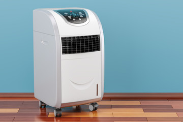 Portable Air Conditioner in room on the wooden floor, 3D rendering