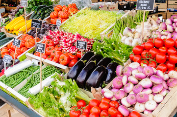 Vegetables for sale at an outdoor market stall
