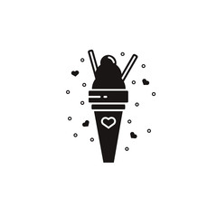 Ice cream in a cone black silhouette on isolated background. Sweet food vector illustration decorated with hearts - concept for Valentine's Day sticker, special menu, invitation cards.