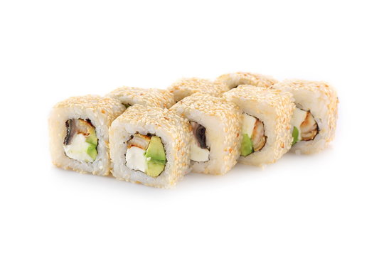 Sushi Eel In Sesame On A White Background