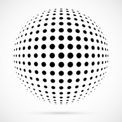 White 3D vector halftone sphere.Dotted spherical background.Logo template with shadow.Circle dots isolated on the white background.