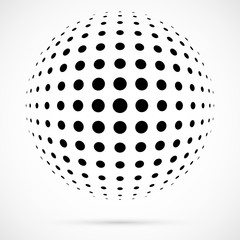 White 3D vector halftone sphere.Dotted spherical background.Logo template with shadow.Circle dots isolated on the white background.