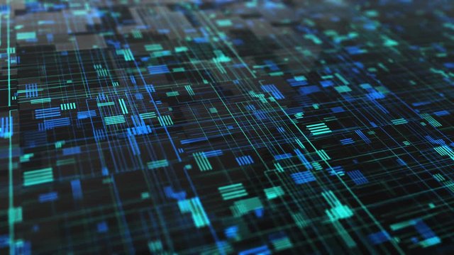 Abstract high tech digital technology background made of particles and metallic plates. 3D animation of seamless loop.
