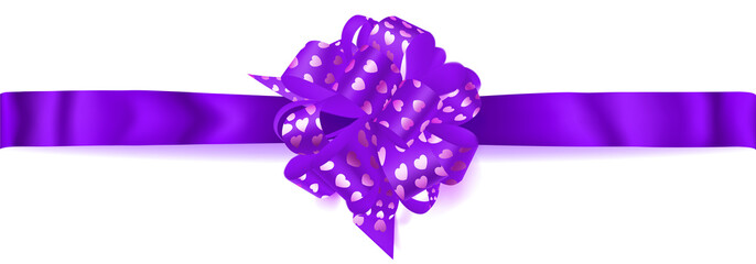 Beautiful big horizontal bow made of purple ribbon with small shiny hearts with shadow on white background