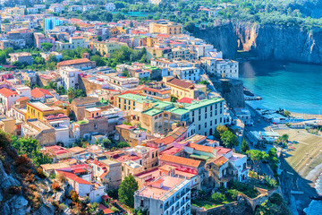 Cityscape of Marina Grande with houses and port at Sorrento
