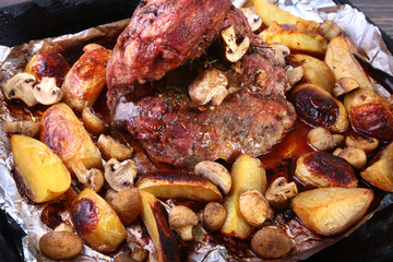 Grilled pork meat with potatoes. barbecue. Selective focus.