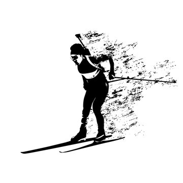 Biathlon race, abstract grungy skier vector silhouette