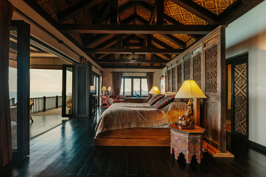 Luxury villa bed room interior. Sea view